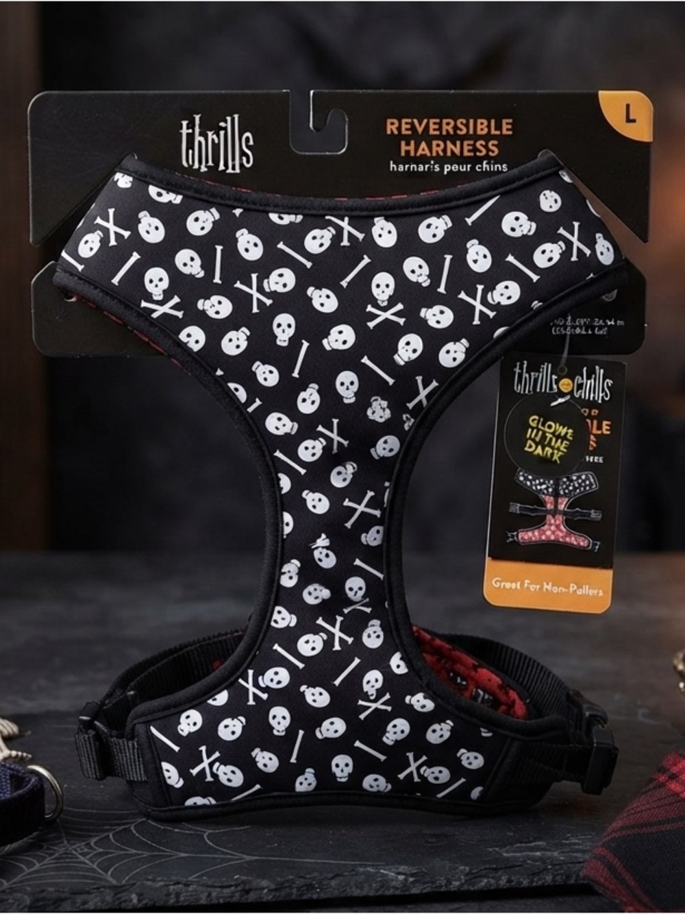 Thrills & Chills Reversible Glow in the Dark Halloween Harness Skulls SMALL